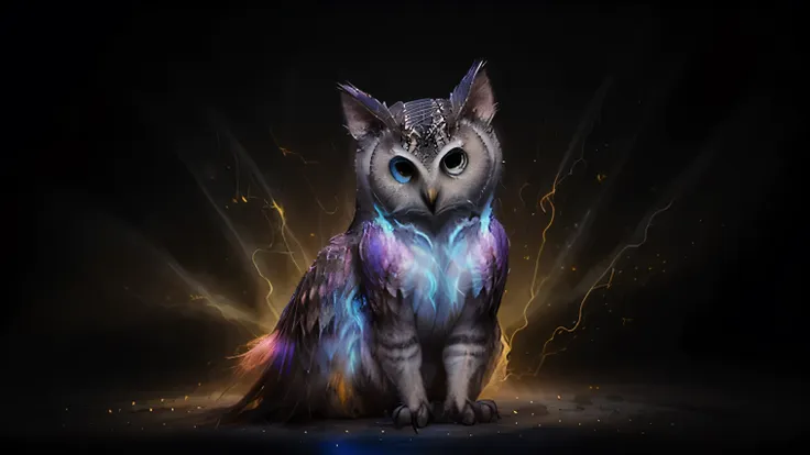 a painting of a colorful owl on a black background,, breathtaking rendering, within a radiant connection, inspired by kinuko y. ...