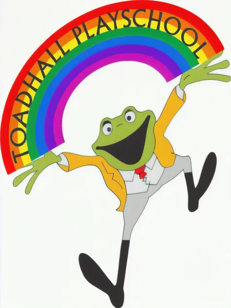 a close up of a cartoon frog with a rainbow in the background, a brightly coloured, created in adobe illustrator, toad, big toad, proud, full color illustration, with a cute toad, toad philosopher the thinker, full details, school, peepo the frog!!!, schoo...