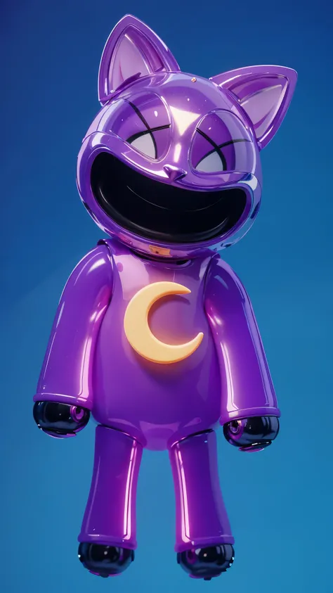 Close-up of a purple toy cat with a crescent moon on its chest, Cat Robot, Rabbt_Nature, toonix Nature, anthropomorphic cat, милый anthropomorphic cat, 3D icon for mobile game, cartoon key frame rendering, cute 3D rendering, Friendly cat, Shiny metallic, z...