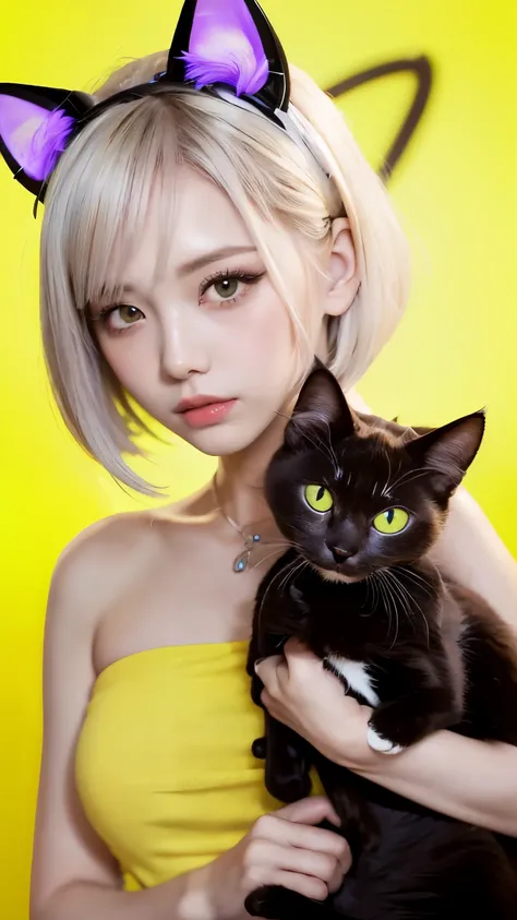 masterpiece, 4k, Bokeh, beautiful face, Harem, (multiple girls:1.4), (Group Photo:1.5), (Cat ears:1.3), (white bob hair:1.3) , looking at the viewer, cowboy shot, holding many cats in both hands, (Neon yellow background :1.4), closeup