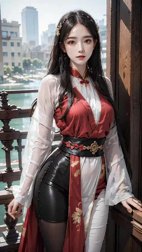 32k（masterpiece，HD，Ultra HD，32k）long flowing black hair，pond，Ziddink， a color，  Xuzhou people （Seduce girls）， （Red scarf in the snow）， fighting stance， looking at the ground， long white hair， flowing hair， Carp pattern headdress， Chinese style long sleeve ...