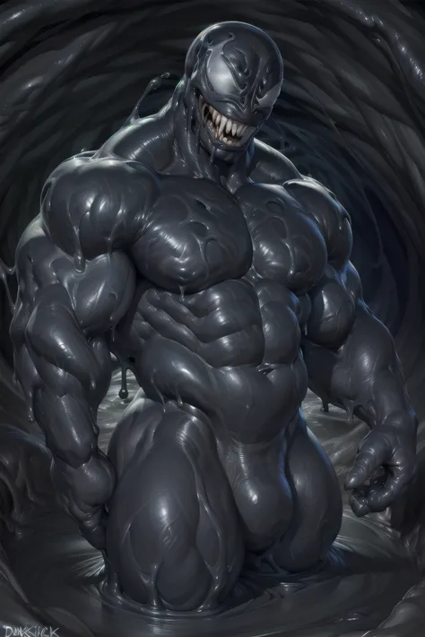 (black skin:nude,melting:1.5),,symbiote,abs close up,random pose,sweat:1, best quality, (((in a black slime cave background))), detailed background, muscular male, big muscles, smile,chunie(anatomy), (,by chunks by ross ,by null-ghost, by thebigslick, by d...