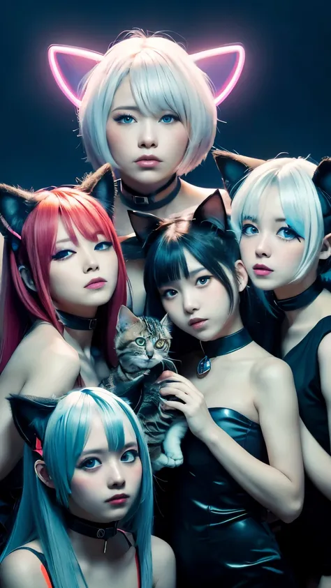 masterpiece, 4k, Bokeh, beautiful face, Harem, (multiple girls:1.4), (Group Photo:1.5), (Cat ears:1.3), (white bob hair:1.3) , looking at the viewer, cowboy shot, holding many cats in both hands, (Neon blue background :1.4), closeup