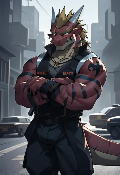 (red dragon),red fur, two colors, Scars on the face, With sunglasses on his head,Necklace hanging around the neck,(muscular body:1.3), There is a scar on the face, Handsome, OK,(Scars on the face), on the street,(Express),(city background),(with scars on f...