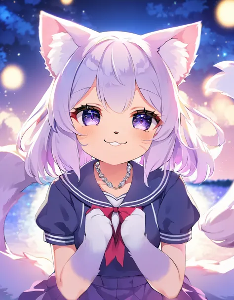 (Highest image quality,4K,8K,High resolution,masterpiece:1.2),Ultra high definition,anime:1.2, animeスタイル, Cat beastman wearing a sailor suit, girl, Fluffy cat ears, beautiful eyes, lips like roses, long eyelashes, shiny silver necklace, smile, medium:An il...