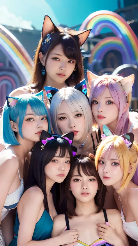 masterpiece, 4k, Bokeh, beautiful face, Harem, (multiple girls:1.4), (Group Photo:1.5), (Cat ears:1.3), (white bob hair:1.3) , looking at the viewer, cowboy shot, holding many cats in both hands, (bibid Rainbow color background :1.4), closeup