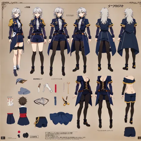 anime - style image of a character with a variety of hair and accessories, anime set style, anime character reference sheet, fantasy uniform, flat anime style, anime full body illustration, full_body!!, complete detailed body, extra detailed body, anime vt...