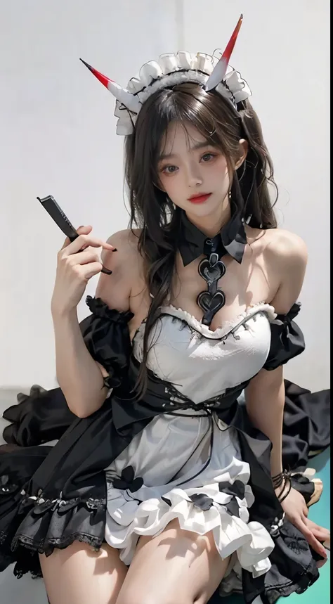 noshiro role play costume, role play,maid,apron,horn,Black thigh high masterpiece, best quality:1.2), 1 girl, alone, ((bare shoulders)), (actual:1.37), ((Lying in prison)), ((bird&#39;s eye view shooting)), Sweet maiden, fair妆容, Exquisite makeup, Extremely...