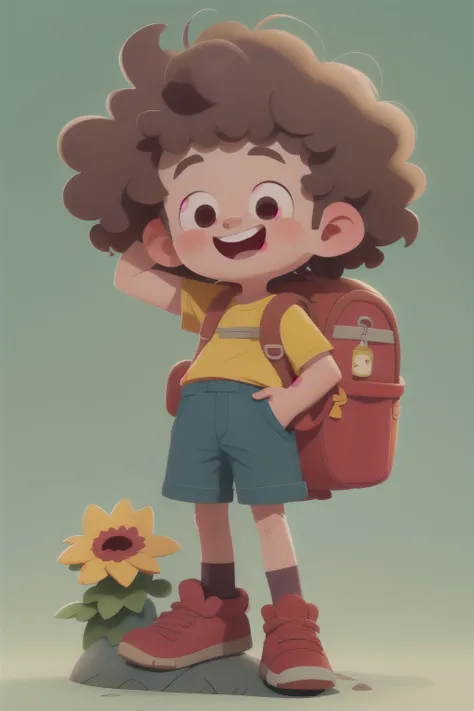 A happy cute boy with curly hair, wears a red short-handed shirt, wears light blue shorts , carries a yellow backpack, dunkel, nachts, gruselig, outside, Waldhintergrund, , Ton, Pixar-Stil, 3d, carTon, detailliertes Gesicht, asymmetrisch