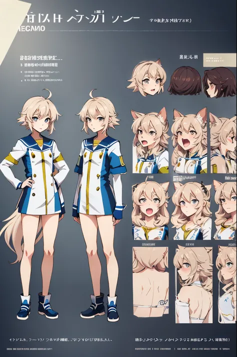 anime - style image of a character with a variety of hair and accessories, anime set style, anime character reference sheet, fantasy uniform, flat anime style, anime full body illustration, full_body!!, complete detailed body, extra detailed body, anime vt...