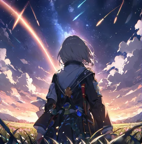 1 person、Fighting girl staring at the stars（zoomed out：1.1）、（Meteor swarm：1.2）、（comets：1.1）、yourname、low angles、from the rear、Arrowlaboralis shooting star、military outfits、cherry trees、Highest quality standing in the field、masterwork、​​clouds、colourfull、st...