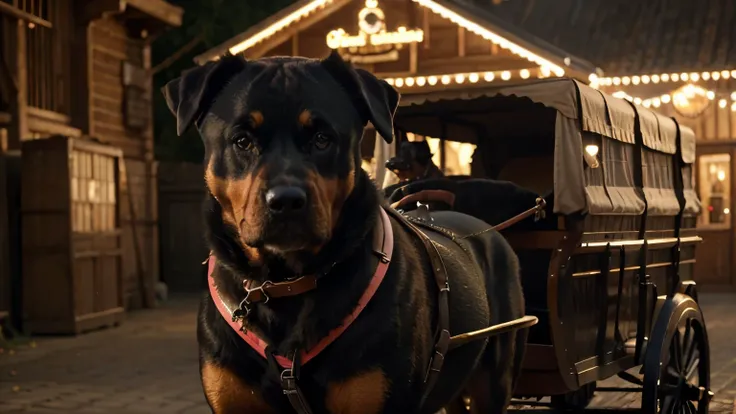 A Rottweiler with a utility collar pulling a carriage in the 18th century, (best quality,4k,8k,highres,masterpiece:1.2), ultra-detailed, (realistic,photorealistic,photo-realistic:1.37), vintage style, vibrant colors, soft lighting.