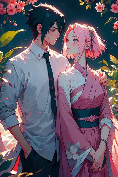 sasusaku the couple in the photo are deeply in love and lost in the moment. sasuke, the man is tall and handsome, wistoh chisell...