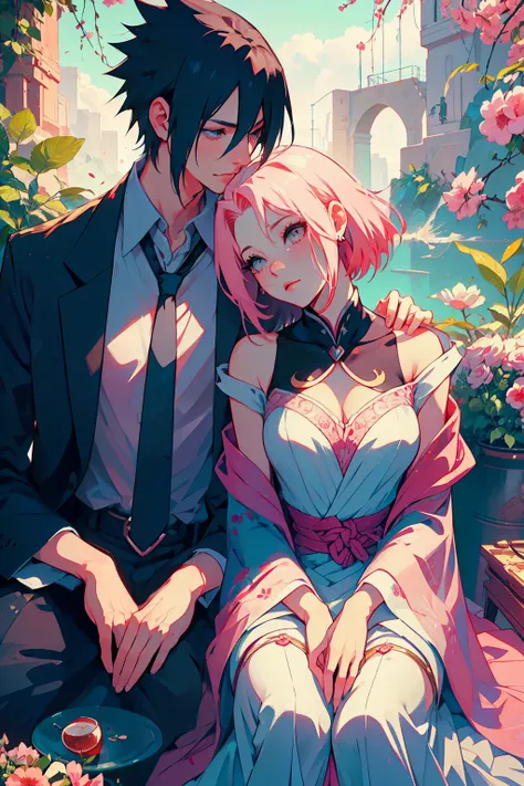 sasusaku the couple in the photo are deeply in love and lost in the moment. sasuke, the man is tall and handsome, wistoh chisell...