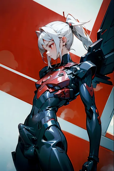 one girl、red eyes、white hair、ponytail、black bodysuit、The suit has a red line、Wing-shaped mechanical parts on the back, Sweat, Stuffy, erection under clothes