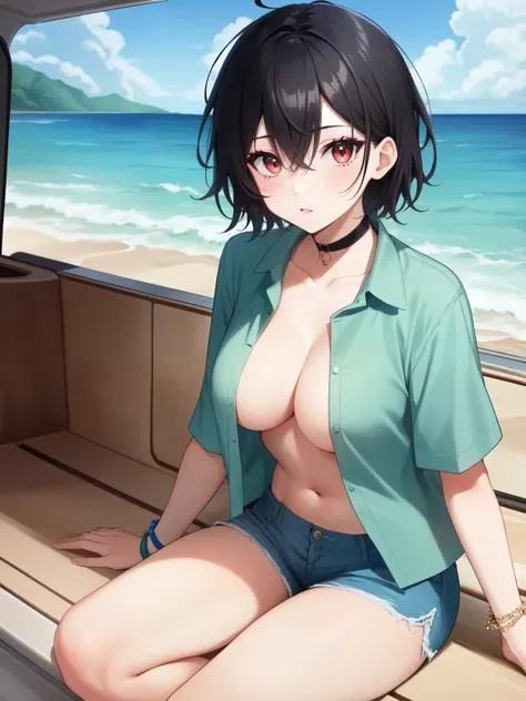 lineart, 1girl, solo, mature female, (pale skin:0.9), red eyes, black hair, (wavy hair:0.1), messy hair, short hair, hair between eyes, wolfcut, pixie cut, makeup, choker, collarbone, punk, emo, breasts, green tropical shirt, no bra, cleavage, no bra, brac...