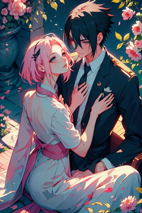 sasusaku the couple in the photo are deeply in love and lost in the moment. sasuke, the man is tall and handsome, wistoh chisell...