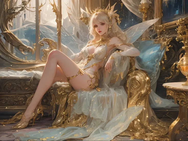 (Shinning fantasy painting, Photorealistic, High-definition, "An extraordinary pretty fairy female, sitting on a luxurious and plush bed, she exudes an ethereal allure. Her delicate and radiant features are accentuated as she dons a breathtaking fairy suit...