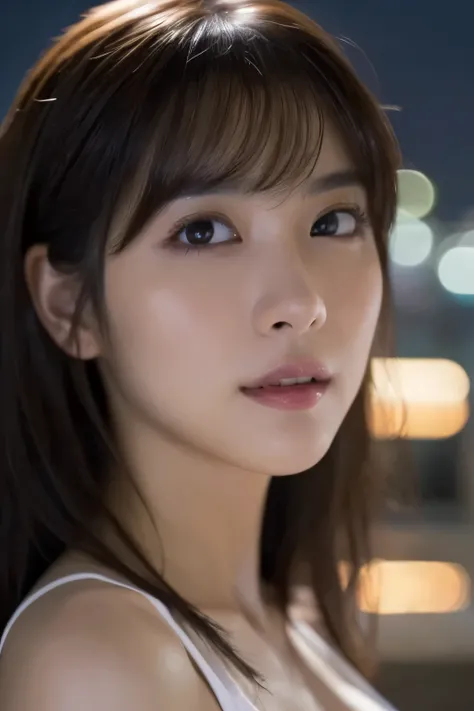 ((close-up photo of face:1.4))、1 girl, (wear platinum tank top:1.2), (Raw photo, highest quality), (realistic, Photoreal:1.4), table top, very delicate and beautiful, very detailed, 2k wallpaper, wonderful, finely, very detailed CG Unity 8K 壁紙, Super detai...