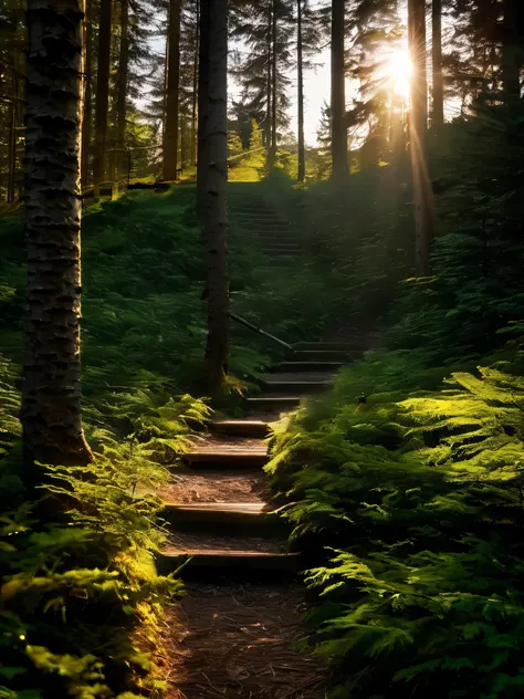 A steep gravel path winds through a dense pine forest and leads to a fork. An dieser Gabelung steht eine rustikale Holzbank, die den Blick auf das malerische Tal freigibt. The sun is just breaking through the treetops, bathing the scene in a warm morning l...