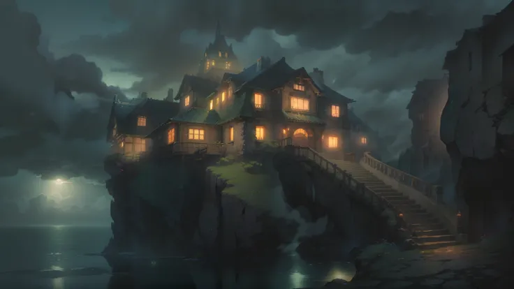 lights out、Dracula、ゴシックhorror風、the lights are off、A western mansion with a scary atmosphere、Western-style mansion on the cliff、horror、rain、perched on top of a cliff、fear、There is a picture of a house on a cliff by the sea., The Legend of Korra Setting, Moo...