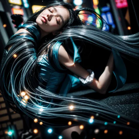 A woman was lying down on the ground with her eyes closed. Her face is painted in neon colors. Her long, black hair fell behind her head. Around him, there were many small particles flying around. The background is a busy city scene with neon lights. The v...