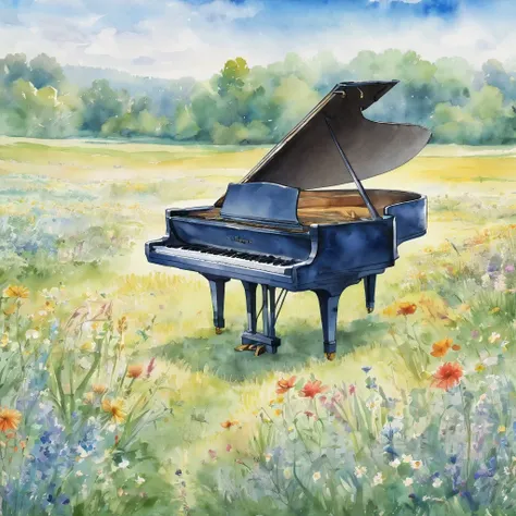 masterpiece、A flower-filled meadow, blue sky,,Grand piano,Please create a watercolor-style depiction of a Grand piano from a side angle, excluding any depiction of a chair, with ample whitespace surrounding the entire piano to ensure a more complete compos...