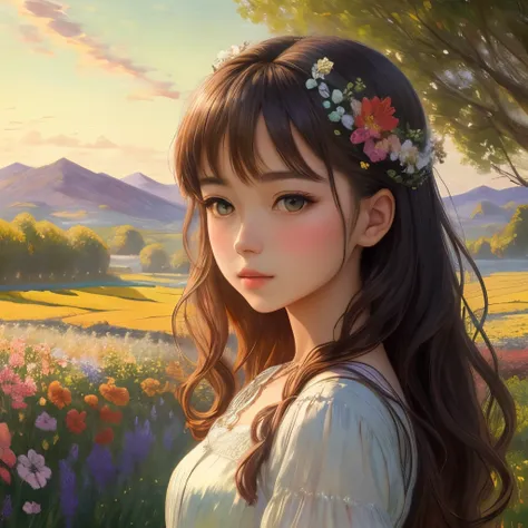 A picture depicting a beautiful girl in a natural environment, Surrounded by colorful flower fields. Soft luminosity, Golden sunlight shines through the trees, Creates a soft glow on your face. The girl has grown up, loose hair, Her expressive eyes convey ...