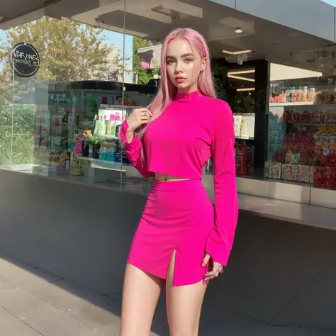 araffe woman in a rosa outfit posing outside a store, rosa mini-skirt, hot rosa, rosa clothes, rosa, rosa skirt, neon rosa, rosa tight mini-skirt, rosa vibe, 🎀 🧟 🍓 🧚, (rosa colors), ava max, magenta, 🎀 🗡 🍓 🧚, rosa girl, 3 - pieza, estilo y2k