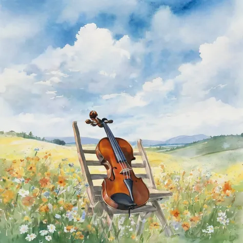 masterpiece、A flower-filled meadow, blue sky,violin,Please create a watercolor-style depiction of aviolin from a side angle, excluding any depiction of a chair, with ample whitespace surrounding the entire violin to ensure a more complete composition.