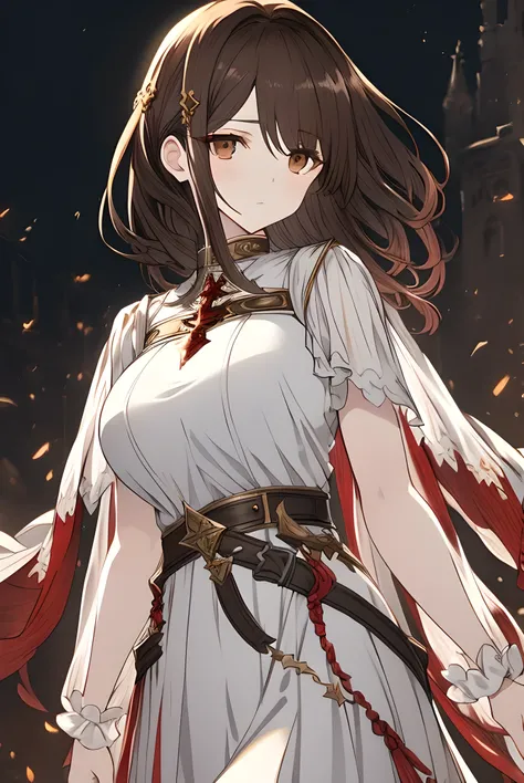 (aestheticism)，masterpiece，best quality，highres，solo，above the waist，(cygames)，European Middle Ages，a woman，perfect female body，white cotton top，belt，red dress，big breast，detailed dark brown hair，detailed brown eyes，very beautiful face，(medium view)，cinema...