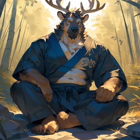 (detailed background:1.2), (((bara, hard gay, super muscular male, large pectorals,full body, feet))),((solo, aged up, mature anthro stag with strong bodybuilder figure, fluffy body, daddy, small tummy, large pectorals, sexy)),(posing, stylish_pose, sittin...