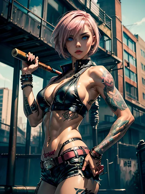 (((top quality: 1.4))),(A masterpiece like no other in history), (ultra high resolution),(Ultra-realistic 8k CG), official art,dynamic pose,dynamic angle,((Have a baseball bat:1.0)), (((adult body))), (((1 girl))), ((( bob short hair ))), punk girl with pe...