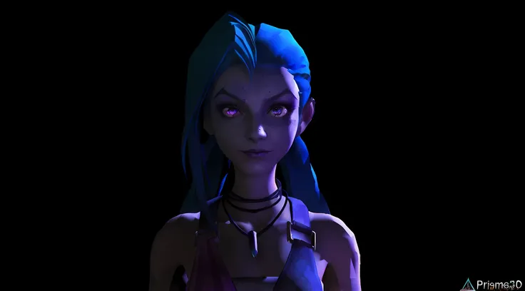 un primer plano de una persona con cabello azul y un collar, portrait of Jinx de Arcano, jinx expression, Jinx de Arcano, estilizado, cara de gafe, curse of league of legends, personaje estilizado, personaje de primer plano, renderizado de personajes, retr...