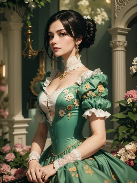 A very beautiful girl, European look (European look), (dark) beautiful thick hair (((brunette))), beautiful hairstyle of an aristocrat, looks at us with a seductive look (sad look, sad smile), against the background of a luxurious Victorian mansion