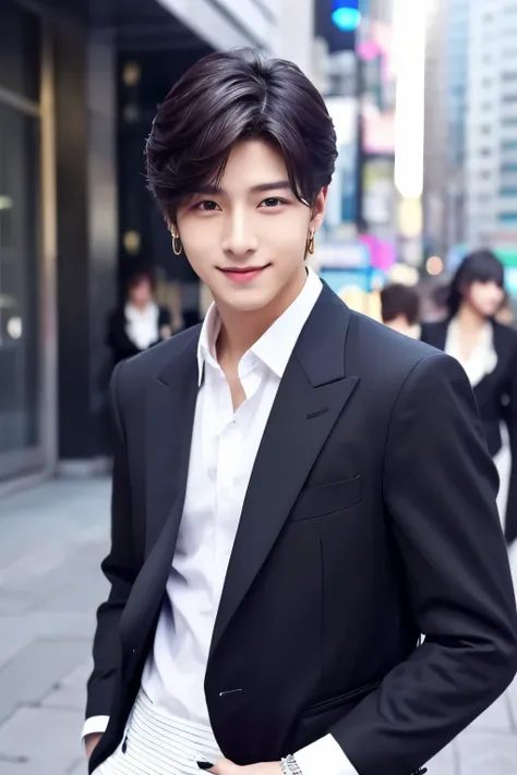 young male idol、Gorgeous、black suit、Good dancer Modern and stylish hairstyle Passionate and confident eyes Bright colors、youth and talent、Businessman who can