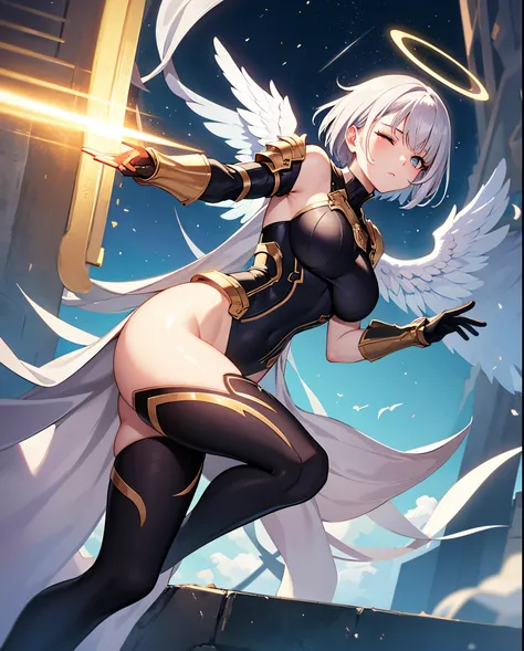 fantasy, 1angel_girl,young_teen, ,silver_hair, short_hair, long_bangs, halo,bare_shoulder,thighhighs,silver_armor, waist_armor, large_breasts,sleepy,half_eyes,1pair_wings, dynamic_pose_fighting,floating, bare_crotch, headgear,gauntlet, greaves,city_backgro...