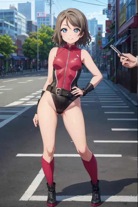 (((pixel-perfect, detail-perfect))), solo focus, 1girl, you watanabe, looking at viewer, smile, superhero, leotard, highleg leotard, bare legs, boots, standing, solo focus, tight belt, hands on hip, full body shot, city backdrop, sleeveless, ultra highres,...