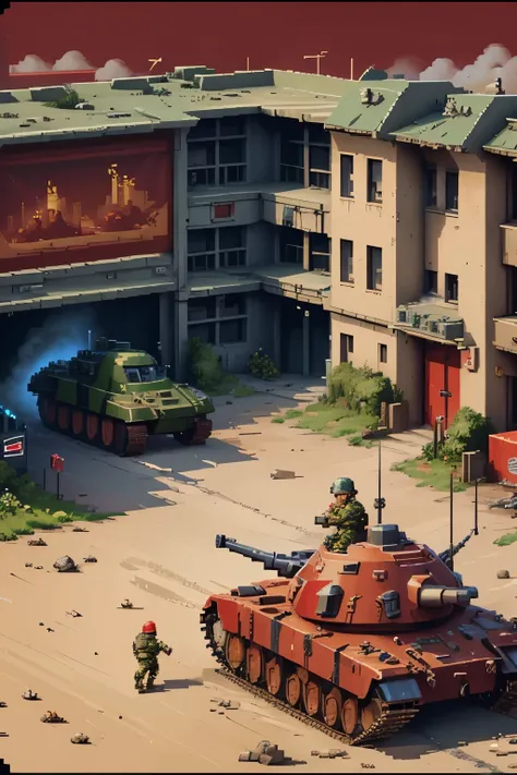 Pixel-art style, Command & Conquer: Red Alert, retro gaming, 8-bit graphics, detailed scenery, urban landscape, destroyed buildings, smoke rising, military vehicles, soldiers in uniform, futuristic weapons, intense battle, explosive action, vibrant colors,...