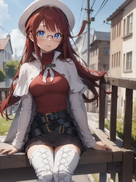 summonnightaty, aty, long hair, blue eyes, red hair, beret, hat, glasses,
BREAK long hair, thighhighs, hat, dress, boots, glasses, belt, cape, sweater, zettai ryouiki, beret, thigh boots, white footwear, ribbed sweater, loose belt,solo,
BREAK outdoors, fan...