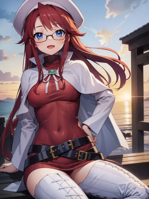 summonnightaty, aty, long hair, blue eyes, red hair, beret, hat, glasses,
BREAK long hair, thighhighs, hat, dress, boots, glasses, belt, cape, sweater, zettai ryouiki, beret, thigh boots, white footwear, ribbed sweater, loose belt,solo,
BREAK outdoors, fan...