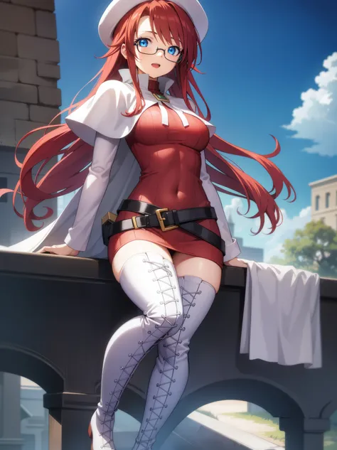 summonnightaty, aty, long hair, blue eyes, red hair, beret, hat, glasses,
BREAK long hair, thighhighs, hat, dress, boots, glasses, belt, cape, sweater, zettai ryouiki, beret, thigh boots, white footwear, ribbed sweater, loose belt,solo,
BREAK outdoors, fan...