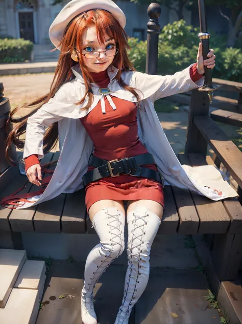 summonnightaty, aty, long hair, blue eyes, red hair, beret, hat, glasses,
BREAK long hair, thighhighs, hat, dress, boots, glasses, belt, cape, sweater, zettai ryouiki, beret, thigh boots, white footwear, ribbed sweater, loose belt,solo,
BREAK outdoors, fan...