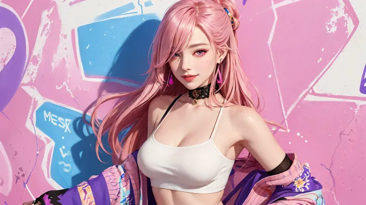 (masterpiece, best quality, 1girl, solo, intricate details, chromatic aberration), realistic, ((medium breath)),long hair, pink hair, red head ornament, pink highlights, hair over one eye,purple eyes, earrings, sharp eyes, choker, neon shirt, She wears a c...