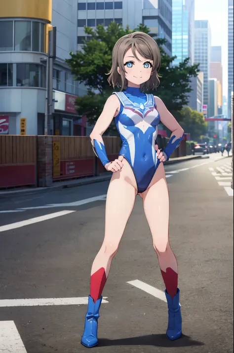 (((pixel-perfect, detail-perfect))), solo focus, 1girl, you watanabe, looking at viewer, smile, superhero, ultraman bodysuit, leotard, highleg leotard, bare legs, boots, standing, solo focus, hands on hip, full body shot, city backdrop, sleeveless, ultra h...