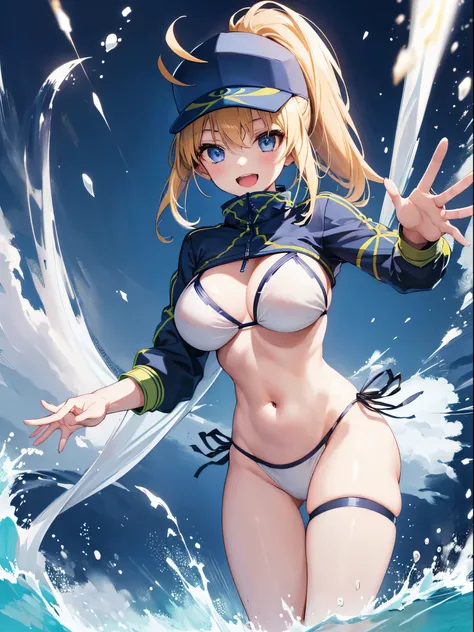 masterpiece,(ultra-detailed),1girl, mysterious heroine xx (fate), half_eyes,smile,open mouth, swimsuit, white bikini, side-tie bikini bottom, shrug (clothing), jacket,  thigh strap, wristband,  large_breasts, ocean, splashing,blonde_ponytail,open_legs,cap,...