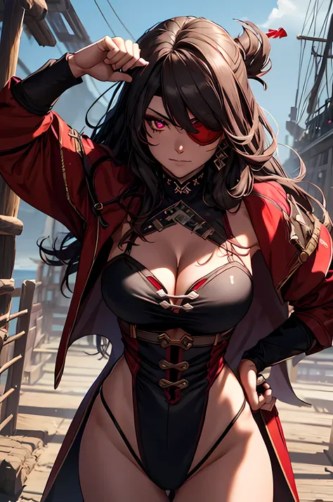 16K, RTX, HDR, extremely high details, intricate, professional makeup, cowboy shot, best quality, masterpiece, night time, 1woman, solo, mature, cool, confident , muscular, slutty pirate outfit, clear red glowing eyes,  long hair, red eye patch, smooth ski...