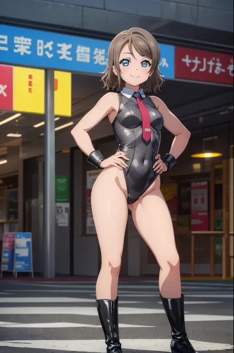 (((pixel-perfect, detail-perfect))), solo focus, 1girl, you watanabe, looking at viewer, smile, superhero, leotard, highleg leotard, bare legs, boots, standing, solo focus, tight belt, hands on hip, full body shot, city backdrop, sleeveless, ultra highres,...