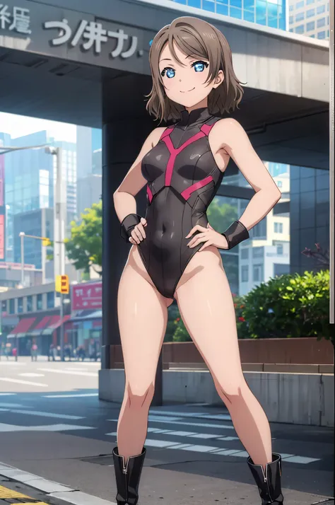 (((pixel-perfect, detail-perfect))), solo focus, 1girl, you watanabe, looking at viewer, smile, superhero, leotard, highleg leotard, bare legs, boots, standing, solo focus, tight belt, hands on hip, full body shot, city backdrop, sleeveless, ultra highres,...