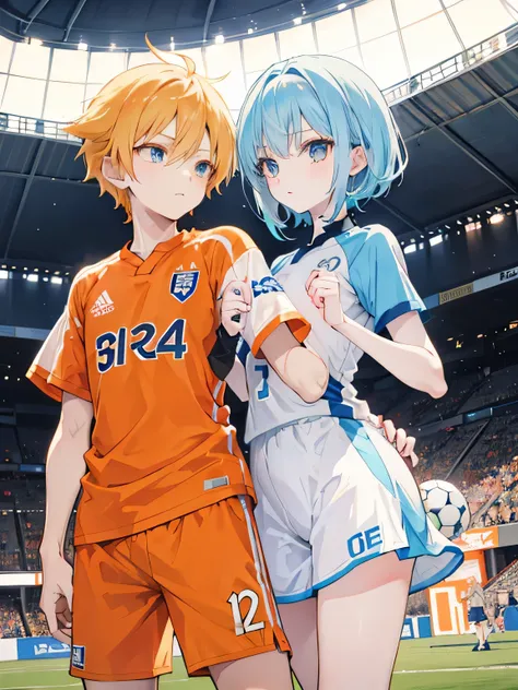 Beautiful anime girl, light orange soccer jersey, short blonde hair, with, young tall anime boy, with light blue and white soccer jersey, with medium length light blue hair, playing against each other, on a soccer field